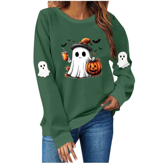 Womens Halloween Crewneck Sweatshirt Long Sleeve Loose Ghost Shirts Fashion Trendy Pullover Fall Clothes Army Green, M