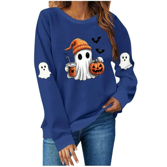 Womens Halloween Crewneck Sweatshirt Long Sleeve Loose Ghost Shirts Fashion Trendy Pullover Fall Clothes Blue, 2XL