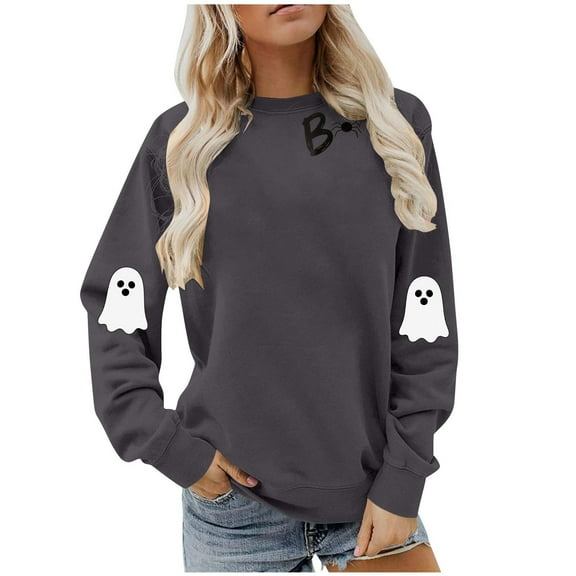 Womens Halloween Crewneck Sweatshirt Long Sleeve Loose Ghost Shirts Fashion Trendy Pullover Fall Clothes Dark Gray, S