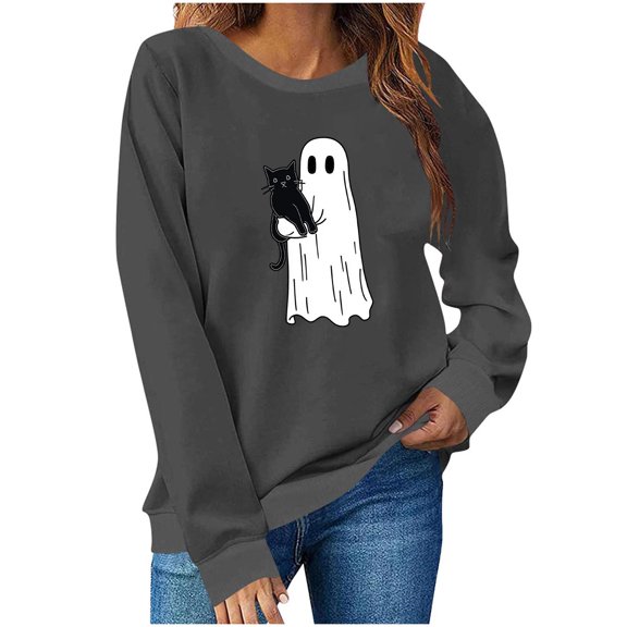 Womens Halloween Crewneck Sweatshirt Long Sleeve Loose Ghost Shirts Fashion Trendy Pullover Fall Clothes Dark Gray, XL