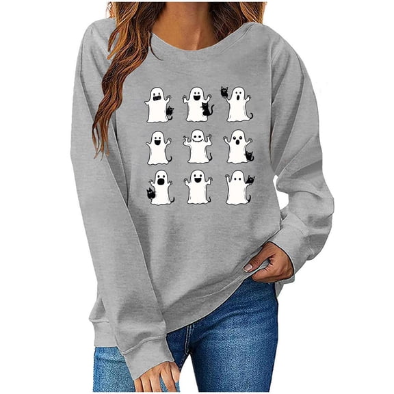 Womens Halloween Crewneck Sweatshirt Long Sleeve Loose Ghost Shirts Fashion Trendy Pullover Fall Clothes Gray, XL
