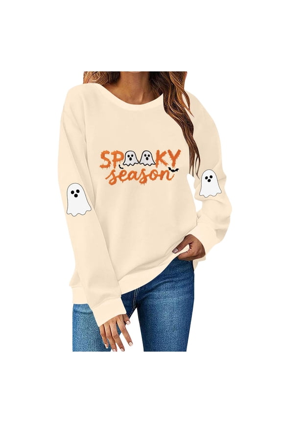 Womens Halloween Crewneck Sweatshirt Long Sleeve Loose Ghost Shirts Fashion Trendy Pullover Fall Clothes Khaki, 2XL