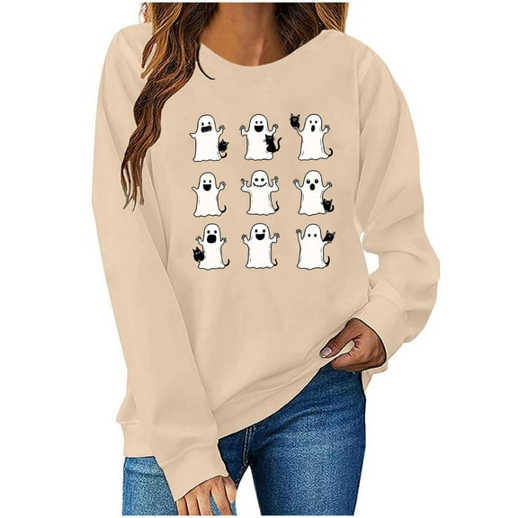 Womens Halloween Crewneck Sweatshirt Long Sleeve Loose Ghost Shirts Fashion Trendy Pullover Fall Clothes Khaki, S
