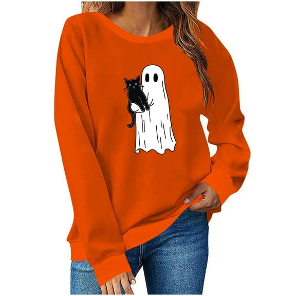 Womens Halloween Crewneck Sweatshirt Long Sleeve Loose Ghost Shirts Fashion Trendy Pullover Fall Clothes Orange, M