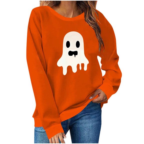 Womens Halloween Crewneck Sweatshirt Long Sleeve Loose Ghost Shirts Fashion Trendy Pullover Fall Clothes Orange, XS
