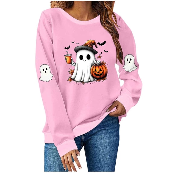 Womens Halloween Crewneck Sweatshirt Long Sleeve Loose Ghost Shirts Fashion Trendy Pullover Fall Clothes Pink, L