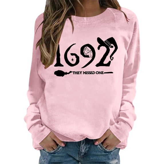 Womens Halloween Crewneck Sweatshirts Fall 1692 Ghost Printed Long Sleeve Pullover Tops Fashion Casual Relaxed Fit Blouses Z004-Pink M