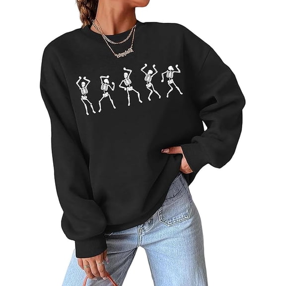 Womens Halloween Dancing Skeleton Sweatshirts Spooky Season Crewneck Shirt Long Sleeve Horror Skull Pullover Top