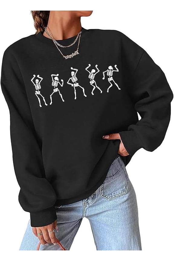 Womens Halloween Dancing Skeleton Sweatshirts Spooky Season Crewneck Shirt Long Sleeve Horror Skull Pullover Top