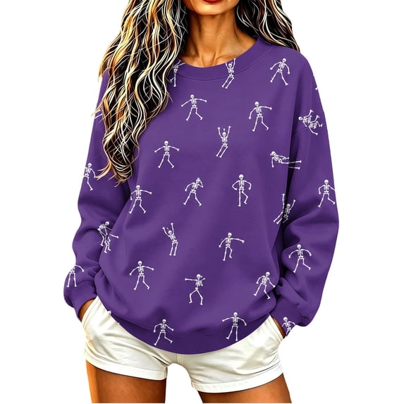 Womens Halloween Dancing Skeleton Sweatshirts Spooky Season Crewneck Shirt Long Sleeve Horror Skull Pullover Top