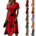 thumbnail image 1 of Womens Halloween Dress Ghost Short Sleeve Skeleton Casual Wedding Guest Dresses Bat V Neck Fall Wrap Dress L, 1 of 5