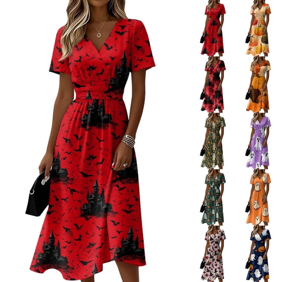 Womens Halloween Dress Ghost Short Sleeve Skeleton Casual Wedding Guest Dresses Bat V Neck Fall Wrap Dress L