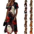 thumbnail image 1 of Womens Halloween Dress Ghost Short Sleeve Spider Fall Wedding Guest Dress Witch Hat V Neck Cute Wrap Dresses M, 1 of 5