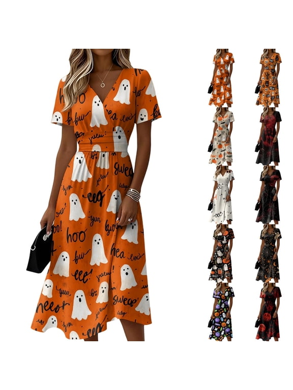 Womens Halloween Dress Ghost Short Sleeve Witch Hat Cute Wedding Guest Dresses Pumpkin V Neck Vintage Wrap Dress M