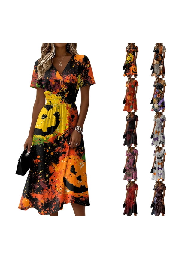 Womens Halloween Dress Ghost V Neck Bat Casual Wedding Guest Dress Skeleton Short Sleeve Vintage Wrap Dresses 3XL