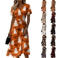 thumbnail image 1 of Womens Halloween Dress Ghost V Neck Pumpkin Fall Wrap Dress Skeleton Short Sleeve Funny Wedding Guest Dresses 3XL, 1 of 5