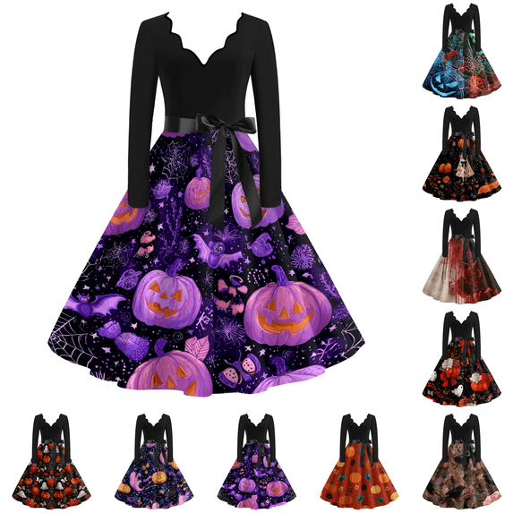 Womens Halloween Dress Gothic Witch Long Sleeve Cocktail Dresses V Neck Fit And Flare Swing Dresses,Vintage Medieval Party Dress For Women,Ghost Printed Renaissance