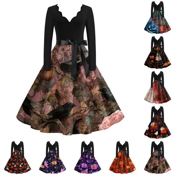 Womens Halloween Dress Gothic Witch Long Sleeve Cocktail Dresses V Neck Fit And Flare Swing Dresses,Vintage Medieval Party Dress For Women,Ghost Printed Renaissance
