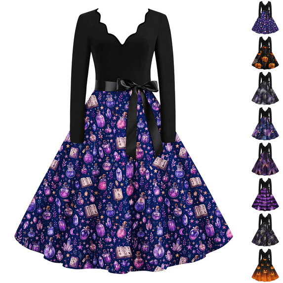 Womens Halloween Dress Pumpkin Costume Dresses Vintage Bat Print Dress A Line Dress Halloween Themed Plus Size Clothes Dark Purple 5XL