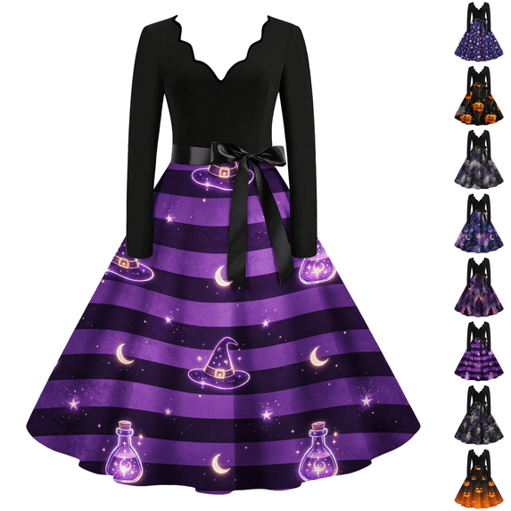 Womens Halloween Dress Pumpkin Costume Dresses Vintage Bat Print Dress A Line Dress Halloween Themed Plus Size Clothes Purple 5XL