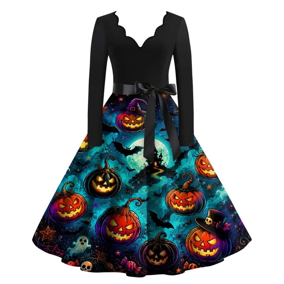 Womens Halloween Dress Pumpkin Funny Scary Breathable Quick‑Dry Retro Dress For Fall Holiday Events
