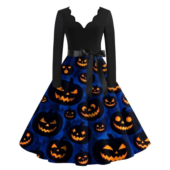 Womens Halloween Dress Pumpkin Funny Scary Breathable Quick‑Dry Retro Dress For Fall Holiday Events