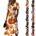 thumbnail image 1 of Womens Halloween Dress Pumpkin Short Sleeve Ghost Fall Wrap Dresses Witch Hat V Neck Vintage Wedding Guest Dress S, 1 of 5