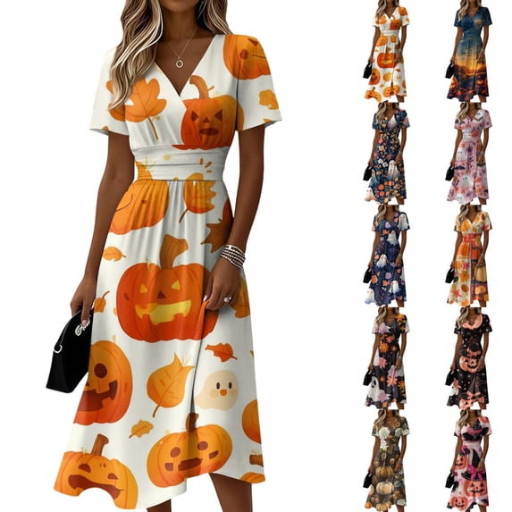 Womens Halloween Dress Pumpkin Short Sleeve Ghost Fall Wrap Dresses Witch Hat V Neck Vintage Wedding Guest Dress S