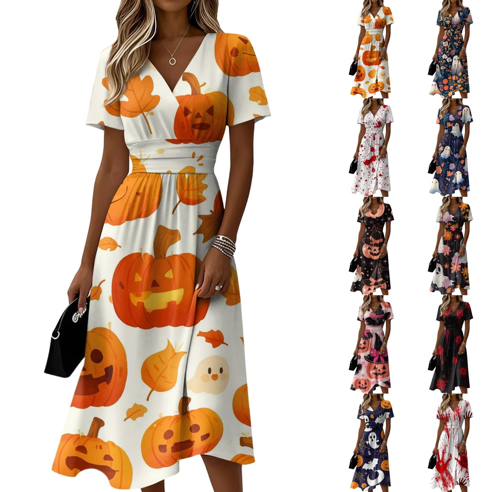 short sleeve halloween dress Knosfe Womens Halloween Dress Ghost Short Sleeve Skeleton Casual Wrap Dresses Pumpkin V Neck Funny Wedding Guest Dress S, Women's, Size: Small
