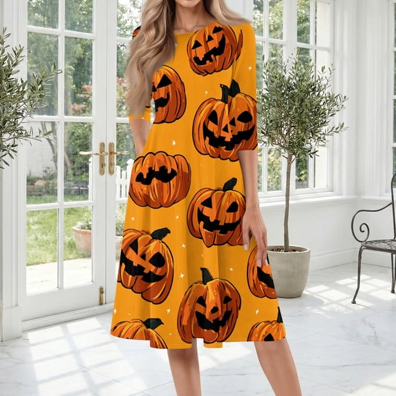 Womens Halloween Dress Pumpkin Skeleton Ghost Funny Scary Quick-Dry Lightweight Retro Halloween Clothing