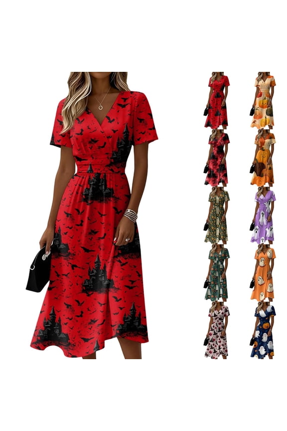 Womens Halloween Dress Pumpkin V Neck Skeleton Vintage Wedding Guest Dress Ghost Short Sleeve Casual Wrap Dresses 3XL