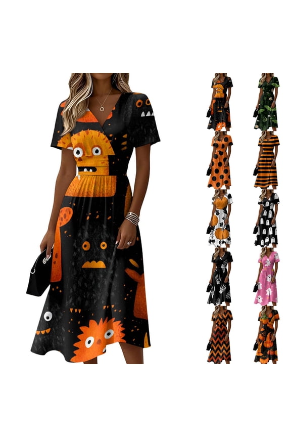 Womens Halloween Dress Skeleton Short Sleeve Spider Funny Wedding Guest Dress Ghost V Neck Fall Wrap Dresses 2XL