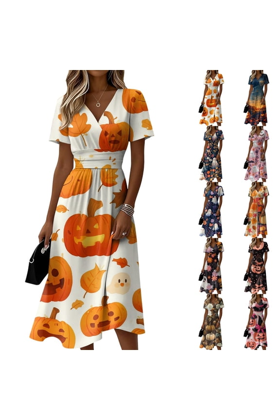 Womens Halloween Dress Skeleton V Neck Ghost Vintage Wedding Guest Dress Spider Short Sleeve Fall Wrap Dresses 3XL