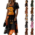 thumbnail image 1 of Womens Halloween Dress Skeleton V Neck Witch Hat Cute Wrap Dresses Ghost Short Sleeve Vintage Wedding Guest Dress M, 1 of 9