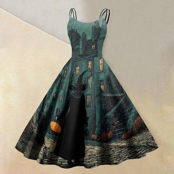 Womens Halloween Dress Skull Spider Square Neck Spaghetti Strap Funny Dress Witch Bat Sleeveless Trendy Midi Dress M