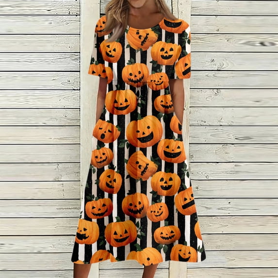 Womens Halloween Dress Spider Pumpkin Short Sleeve A-Line Scary Dress Bat Skull Crew Neck Trendy Midi Dress 2XL