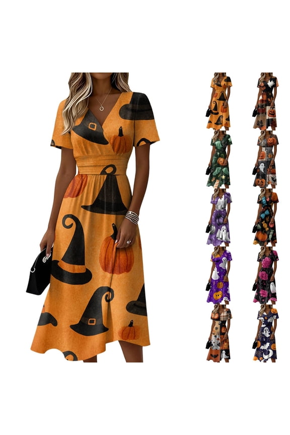 Womens Halloween Dress Witch Hat Short Sleeve Skeleton Funny Wedding Guest Dress Pumpkin V Neck Cute Wrap Dresses L