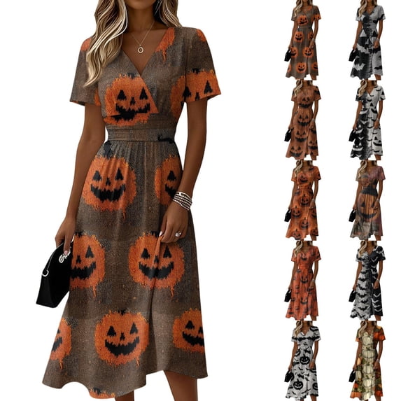 Womens Halloween Dress Witch Hat V Neck Bat Vintage Wrap Dress Skeleton Short Sleeve Fall Wedding Guest Dresses S