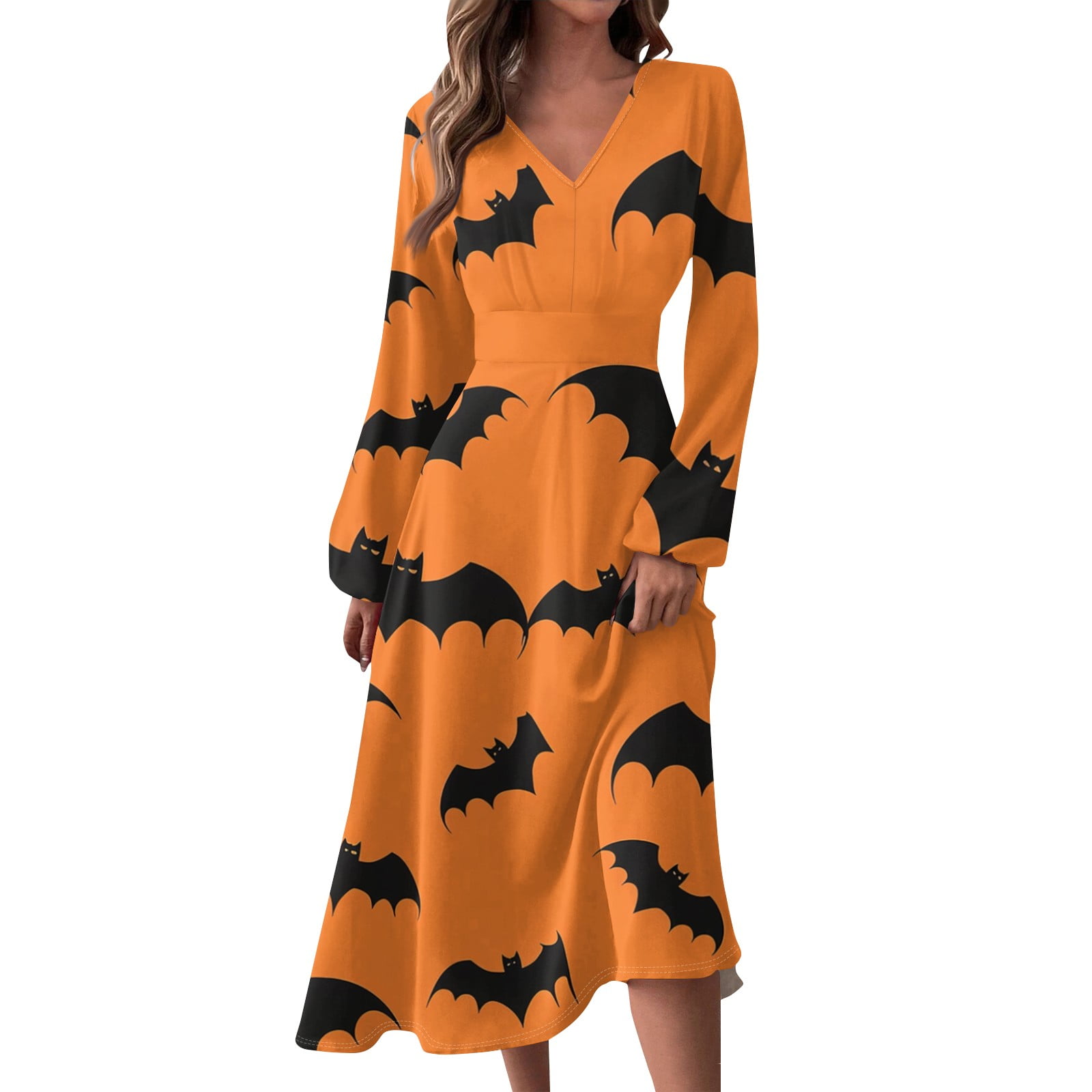 Womens Halloween Dresses 2024 Pumpkin Bats Print Dresses Long Sleeve V