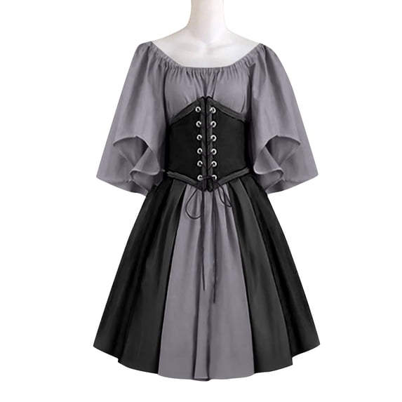 Womens Halloween Dresses Medieval Renaissance Gothic Off Shoulder Lace Up Underbust Fashion Festival Midi Dress Black L