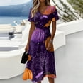 thumbnail image 1 of Womens Halloween Dresses Pumpkin Bat V Neck Horror Midi Dresses Spider Webeb Short Sleeve Spooky Dresses, L, 1 of 5