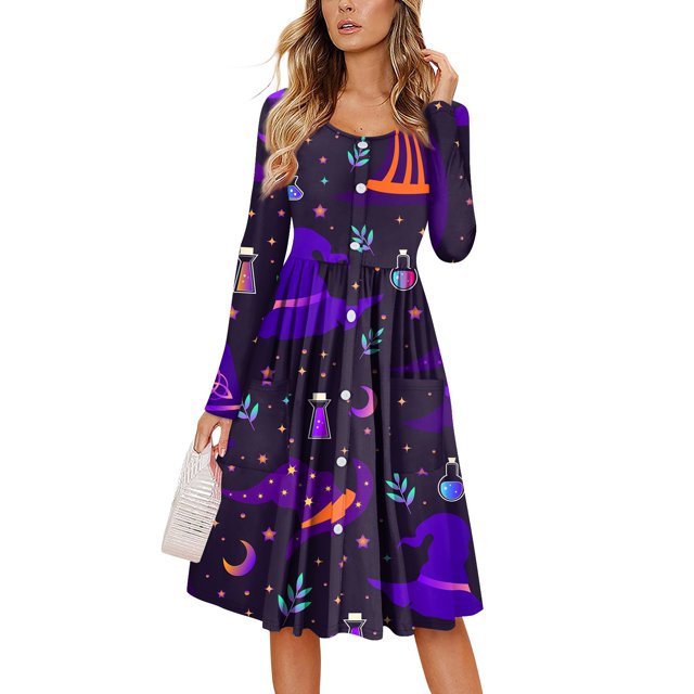 Womens Halloween Dresses Pumpkin Bats Print Dresses Long Sleeve Crew