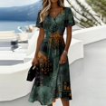 thumbnail image 1 of Womens Halloween Dresses Spider Webeb Pumpkin Short Sleeve Funny Dresses Castle Bat V Neck Spooky Midi Dresses, M, 1 of 5