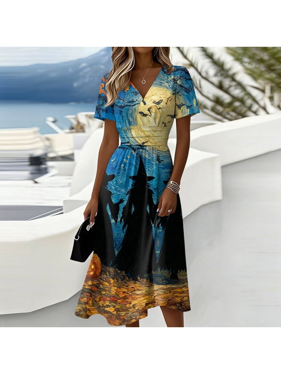 Womens Halloween Dresses V-Neck A-Line Swing Knee Length Wrap Dress for Halloween Party Fall Clothes