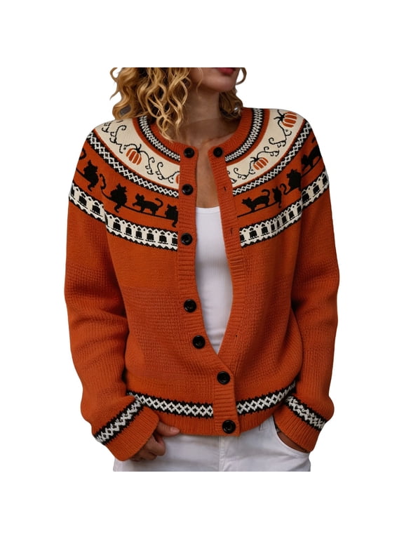 Womens Halloween Fair Isle Knit Cardigan Pumpkin Cat Print Sweaters Button Front Long Sleeve Round Neck Coat Casual Fall Top Outfits