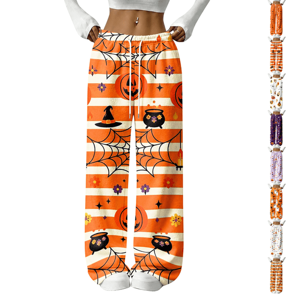 Womens Halloween Flannel Pajama Pants Soft Drawstring Pj Pants with Pockets Loose fit Elastic Waist Wide Leg Pajama Bottoms