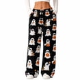 thumbnail image 1 of Womens Halloween Flannel Pajamas Ghost Pumpkin Print Drawstring Stretch Straight Leg Casual PJS Pants with Pocket Black XL, 1 of 6