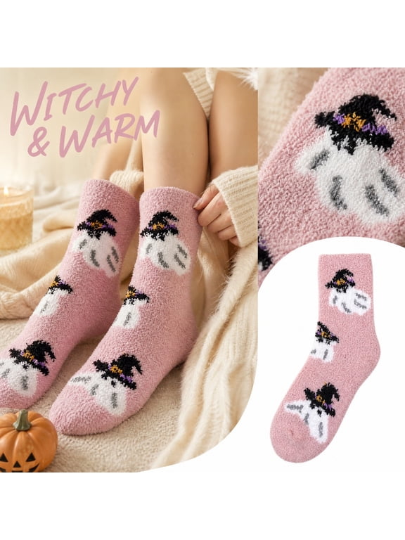 Womens Halloween Fluffy Crew Socks Ghost Witch Pumpkin Graphic Fuzzy Socks Warm Comfortable Festive Costume Accessory Socks One Size