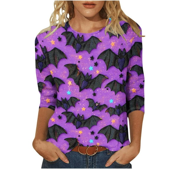 Womens Halloween Funny T-Shirts Casual Loose Fit Pumpkin Cat Printed 3/4 Sleeve Crew Neck Pullover Tunic Tops