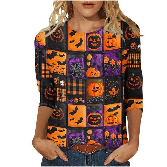 Womens Halloween Funny T-Shirts Casual Loose Fit Pumpkin Cat Printed 3/4 Sleeve Crew Neck Pullover Tunic Tops
